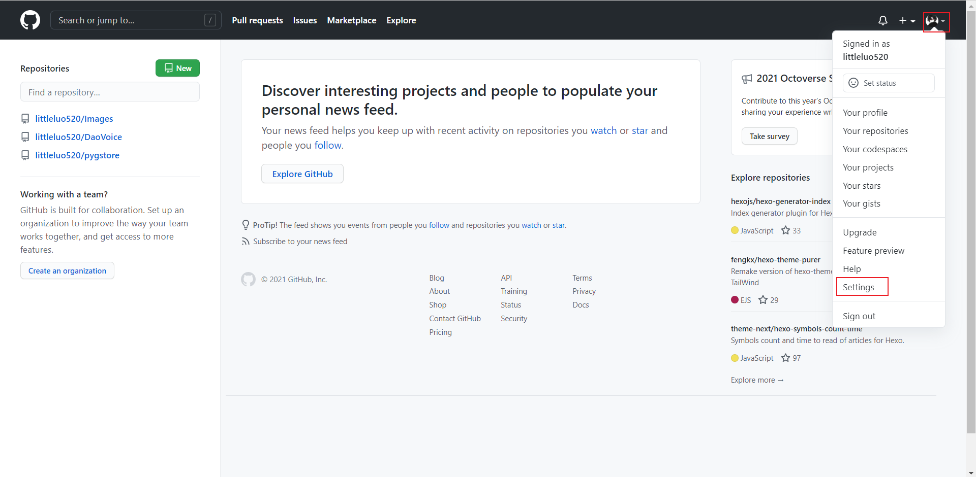 点击头像→Settings→Repositories